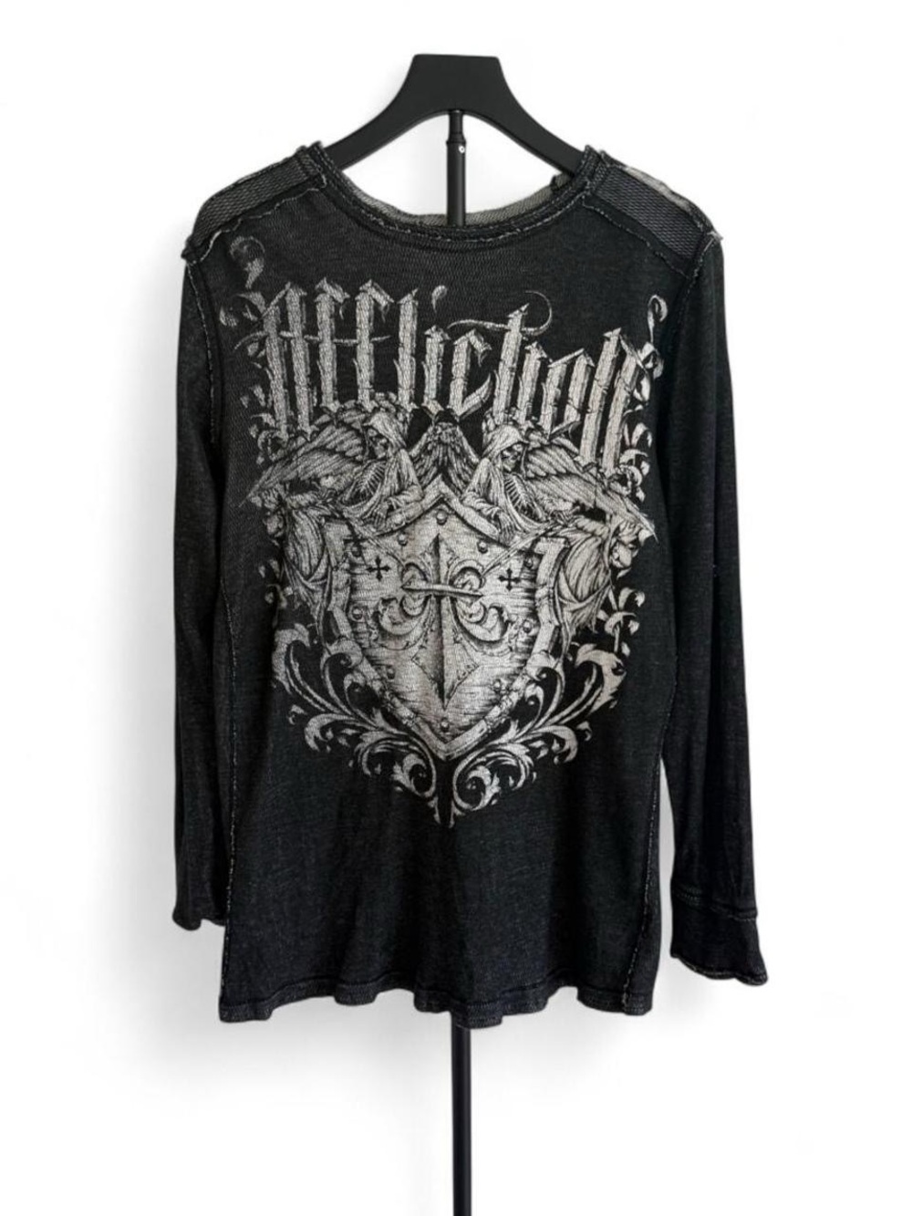 Affliction Men's Black Graphic Print Distressed Crew Neck Long Sleeve Tee